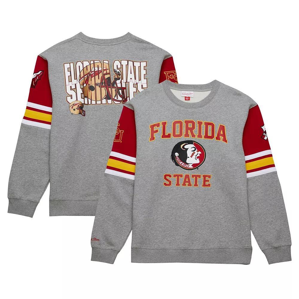 Men's Mitchell & Ness Heather Gray Florida State Seminoles Throwback Allover 4.0 Pullover Sweatshirt, Size: Medium, Grey Product Image