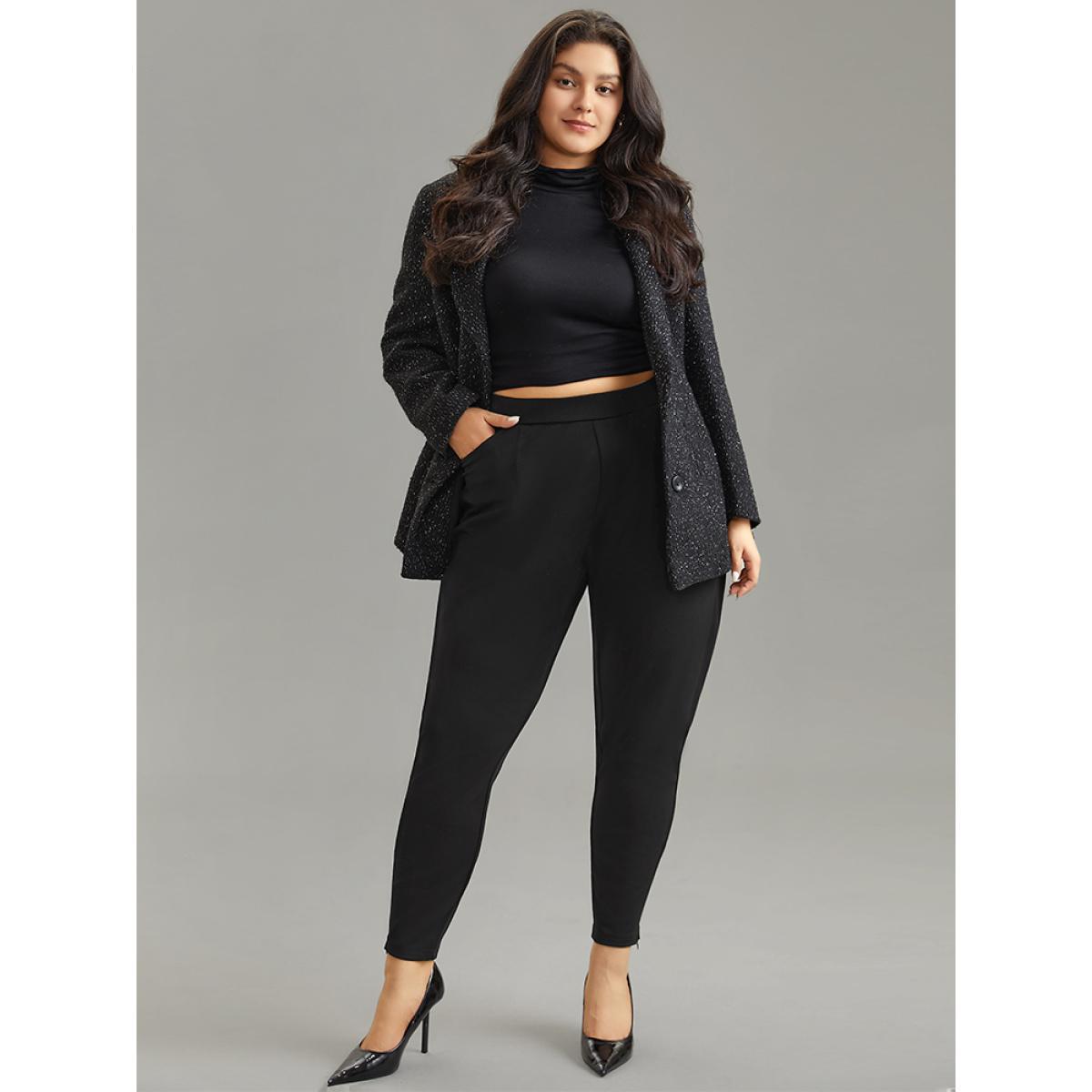 Plus Size Solid Zipper Hem Elastic Waist Skinny Pants Women Black Office Skinny Mid Rise Work Pants BloomChic 10/M Product Image