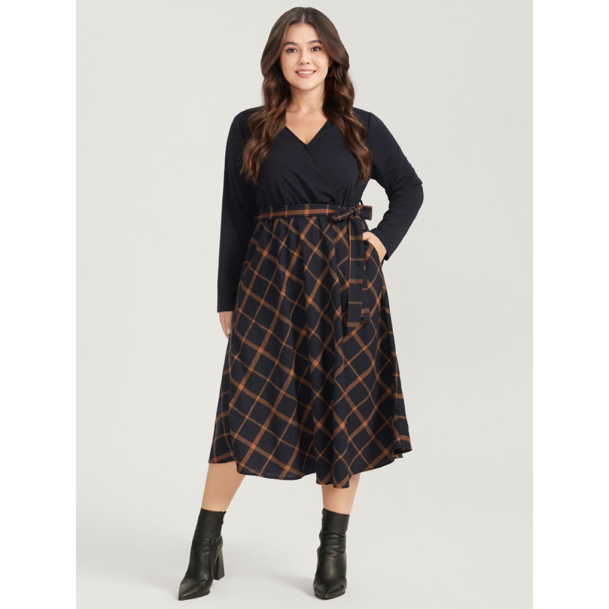 Plus Size Plaid Patchwork Pocket Belted Surplice Neck Dress Indigo Women Elegant Belted V-neck Long Sleeve Curvy Midi Dress BloomChic 22-24/3X Product Image