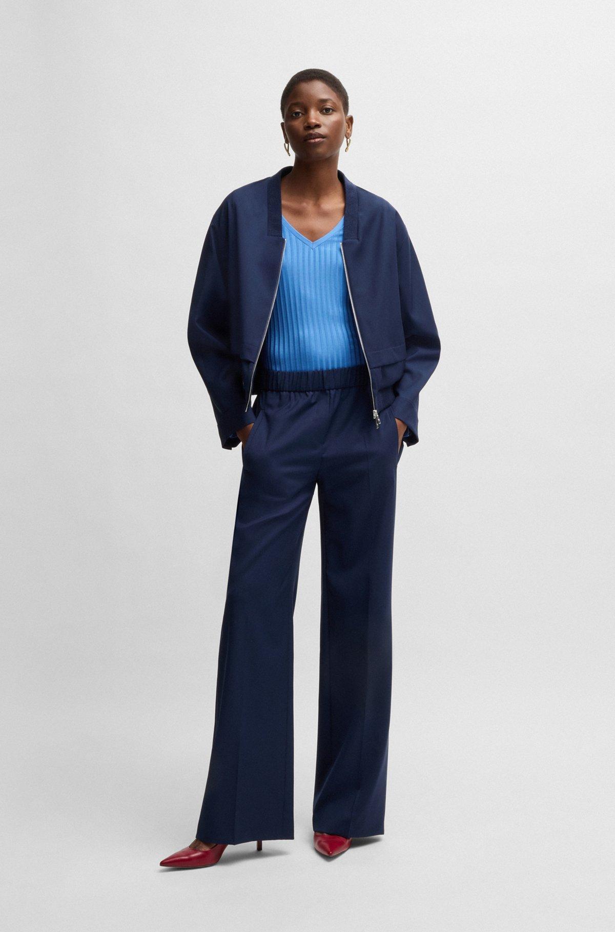 BOSS - Long-sleeved V-neck top in lustrous ribbed jersey - Blue Product Image