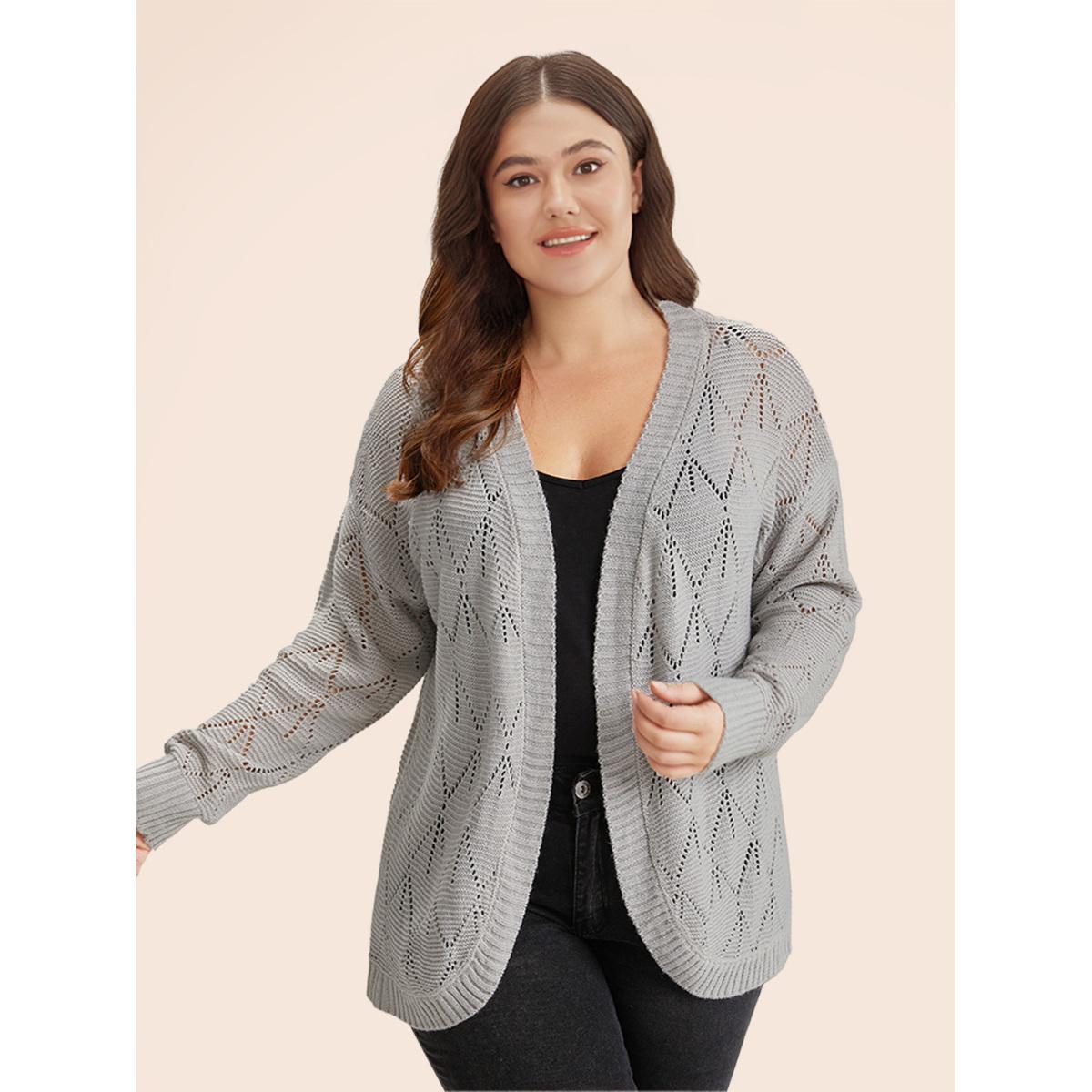 Plus Size Geometric Hollow Out Open Front Cardigan LightGray Women Casual Loose Long Sleeve Everyday Cardigans BloomChic 28/5X Product Image