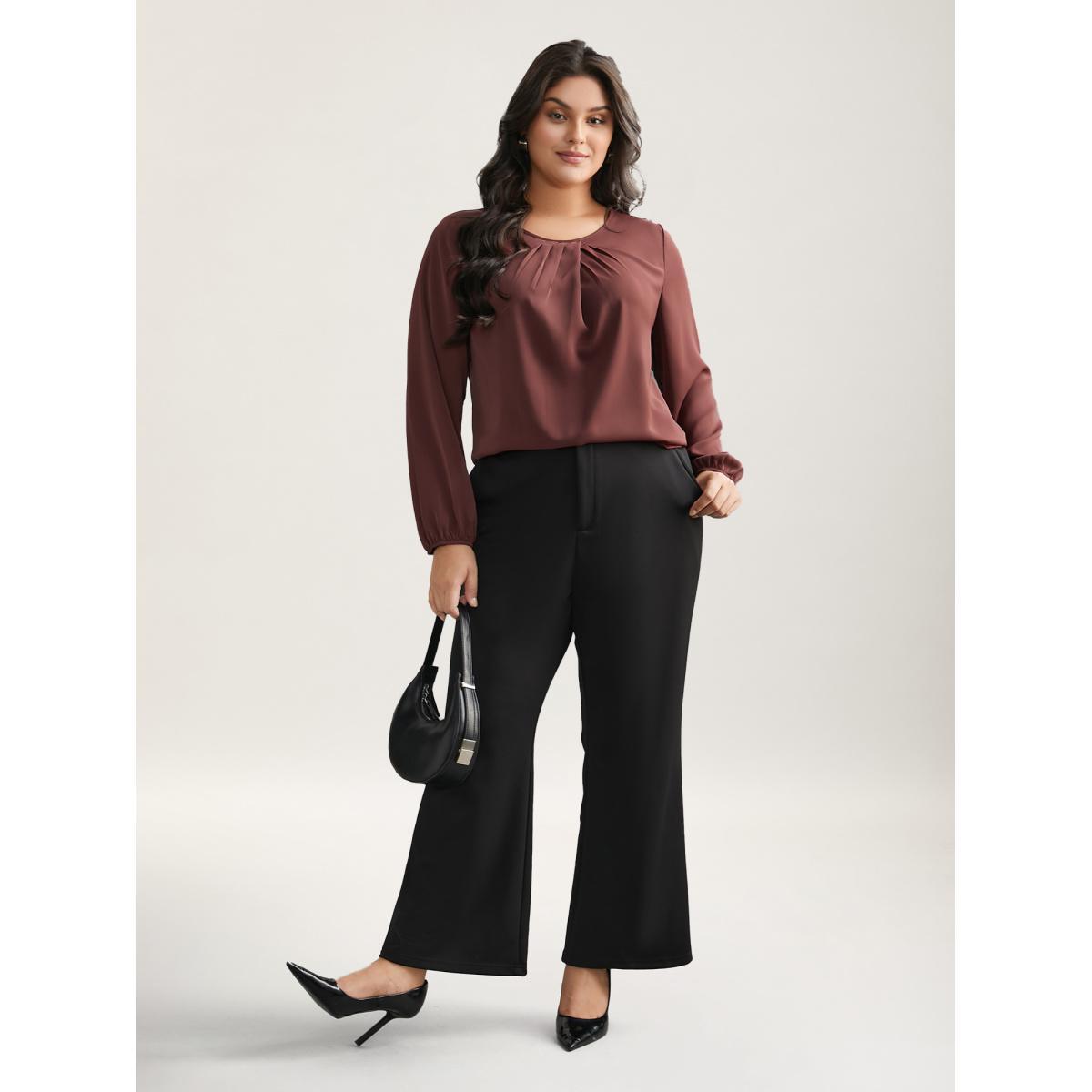 Plus Size Browncoffeecolor Solid Crew Neck Lantern Sleeve Blouse Women At the Office Long Sleeve Round Neck Work Blouses BloomChic 30/6X Product Image