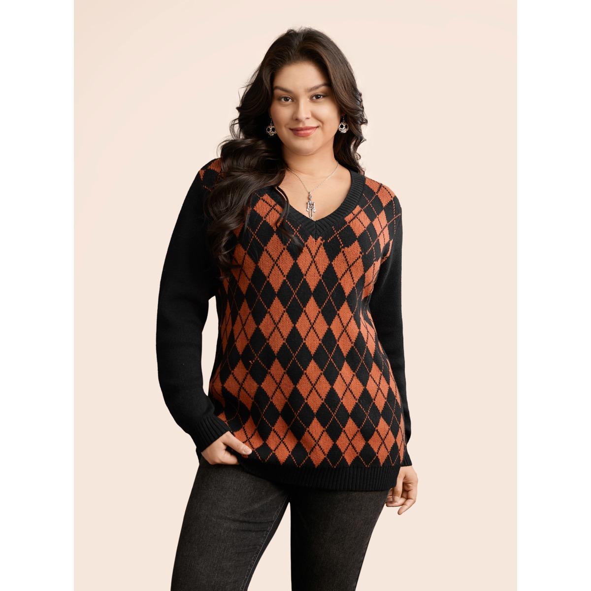 Plus Size V-Neck Plaid Print Pullover Black Women Casual Long Sleeve V-neck Everyday Pullovers BloomChic 30/6X Product Image