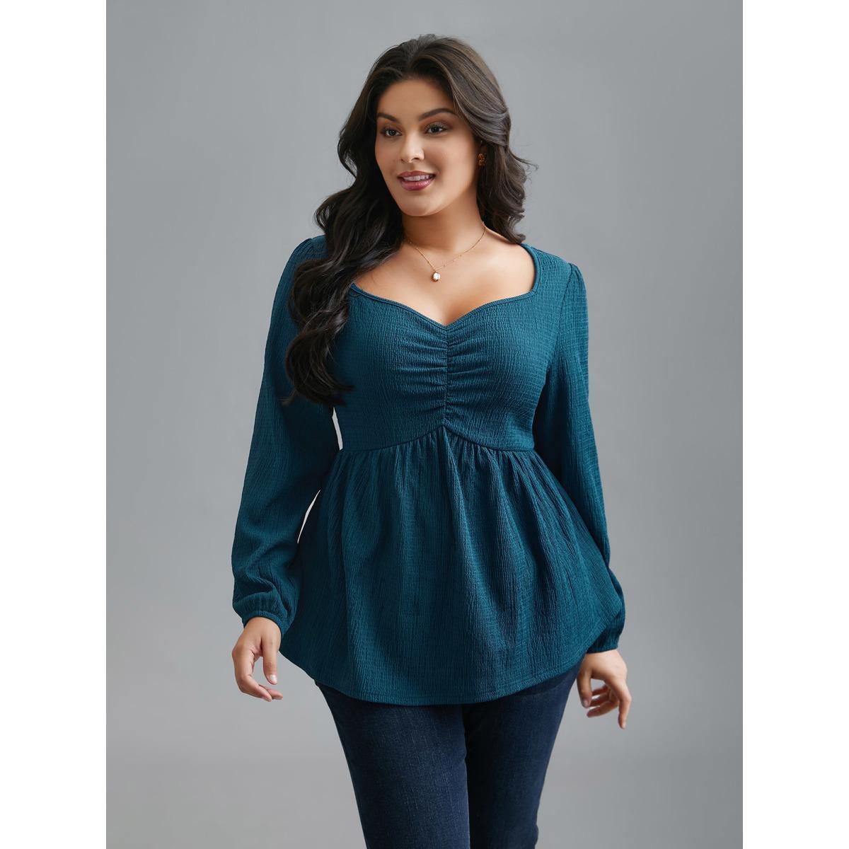 Plus Size Aegean Heart Neckline Solid Gathered Blouse Women Elegant Long Sleeve Heart neckline Everyday Blouses BloomChic 10/M Product Image