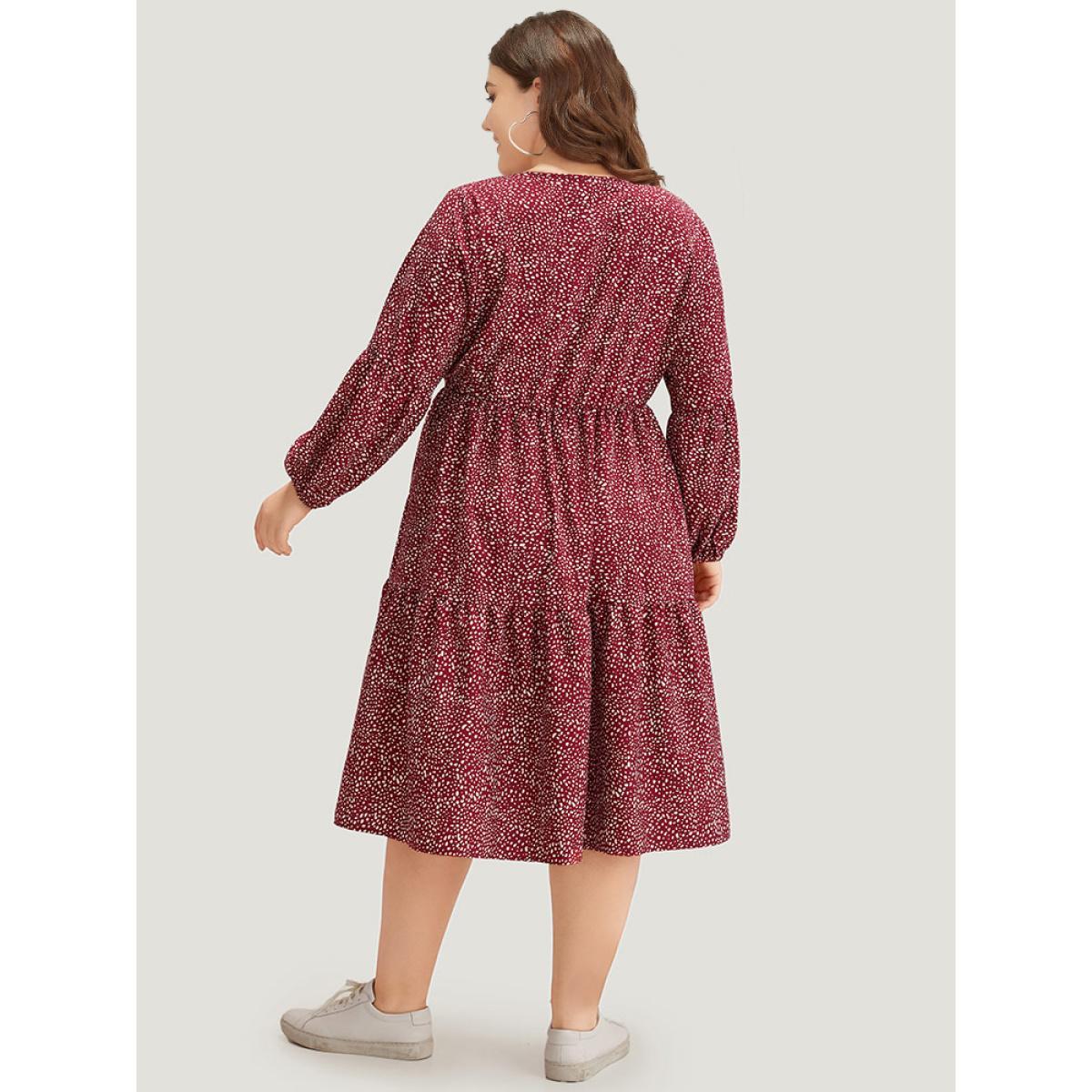 Plus Size Leopard Print Pocket Flutter Hem Dress Burgundy Women Casual Elastic cuffs V-neck Long Sleeve Curvy Midi Dress BloomChic 28/5X Product Image