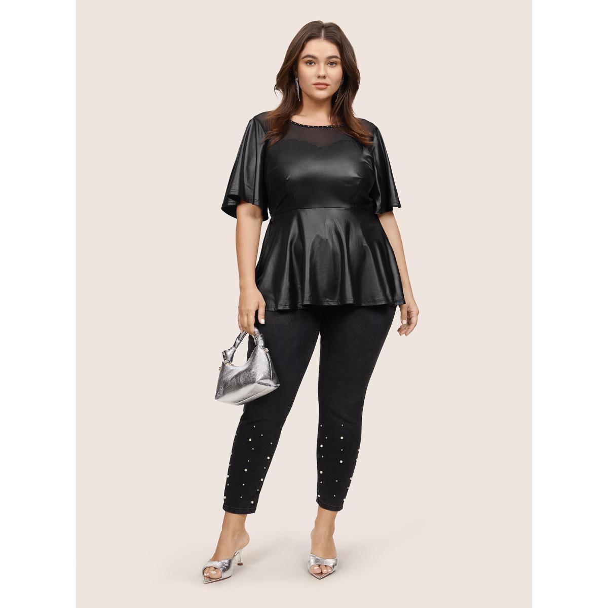 Plus Size Black PU Leather Mesh Patchwork Pearl Beaded Blouse Women Glamour Short sleeve Round Neck Party Blouses BloomChic 12/L Product Image
