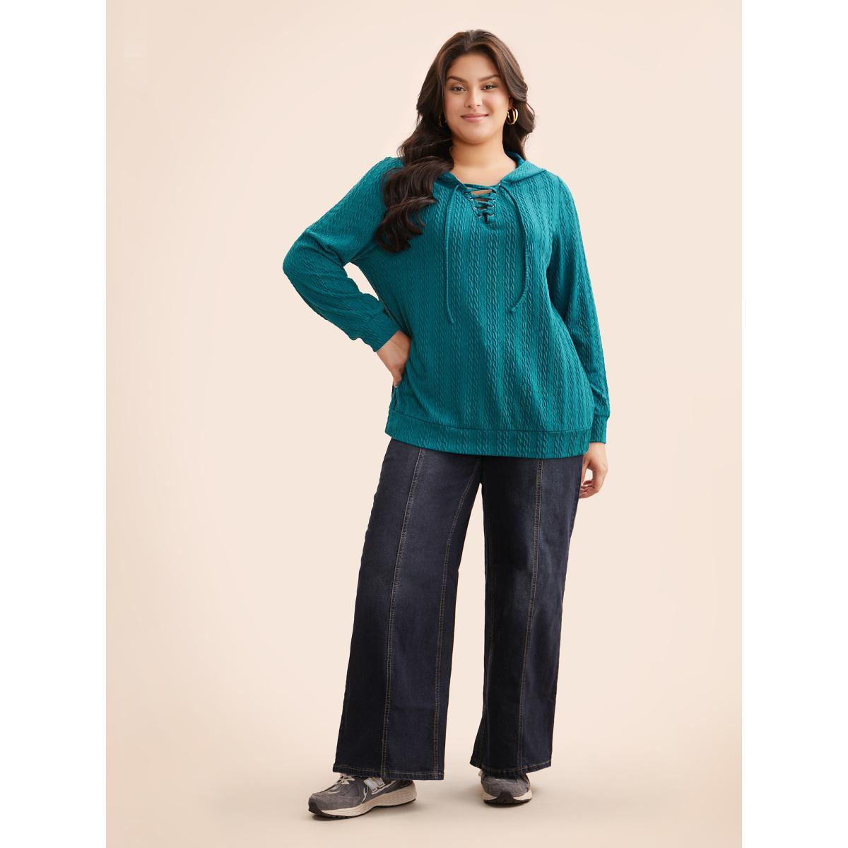 Plus Size Plain Textured Lace Up Hooded Sweatshirt Women Teal Casual Eyelet Non Everyday Sweatshirts BloomChic 10/M Product Image