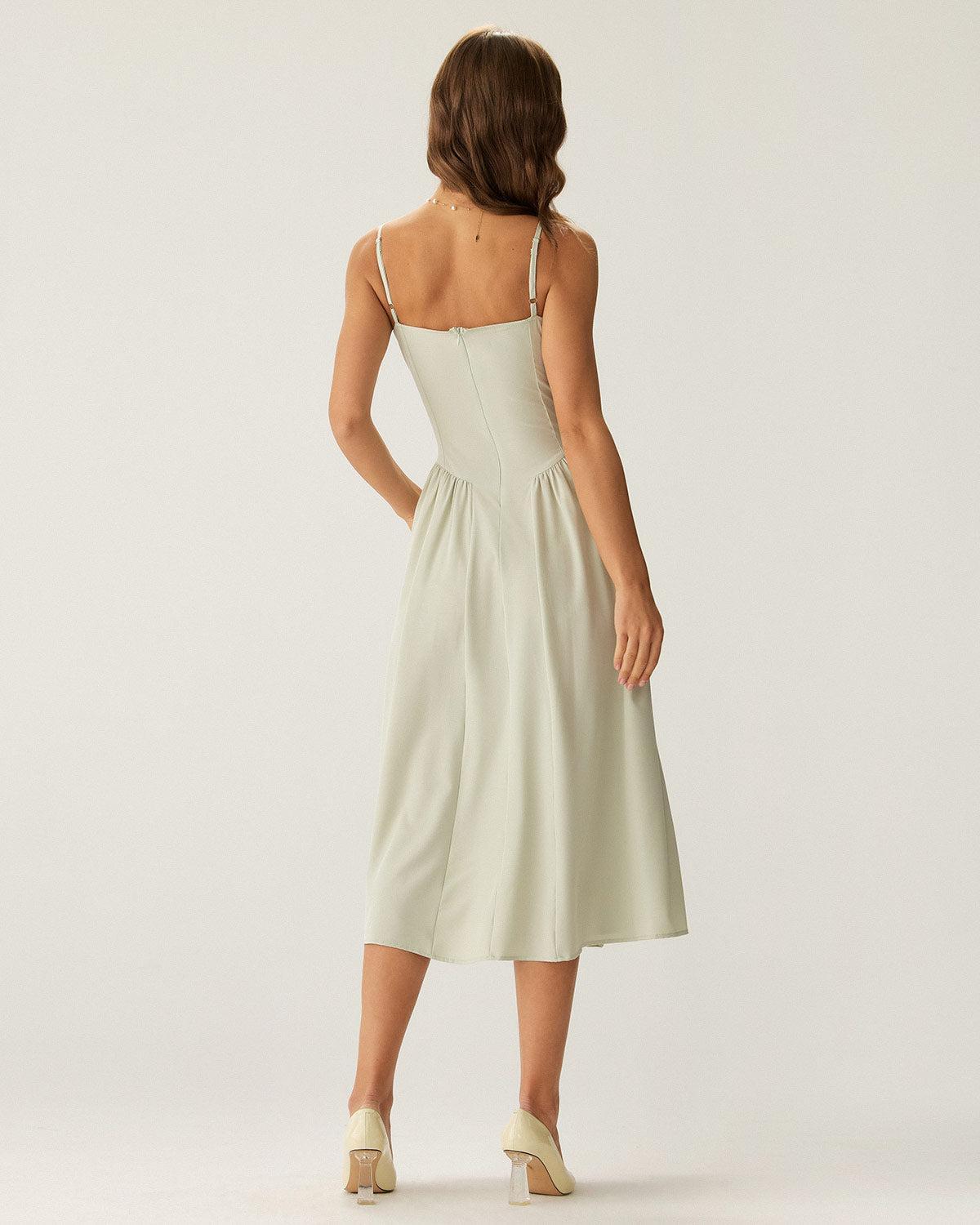 Green Square Neck Pocket Slip Midi Dress Product Image