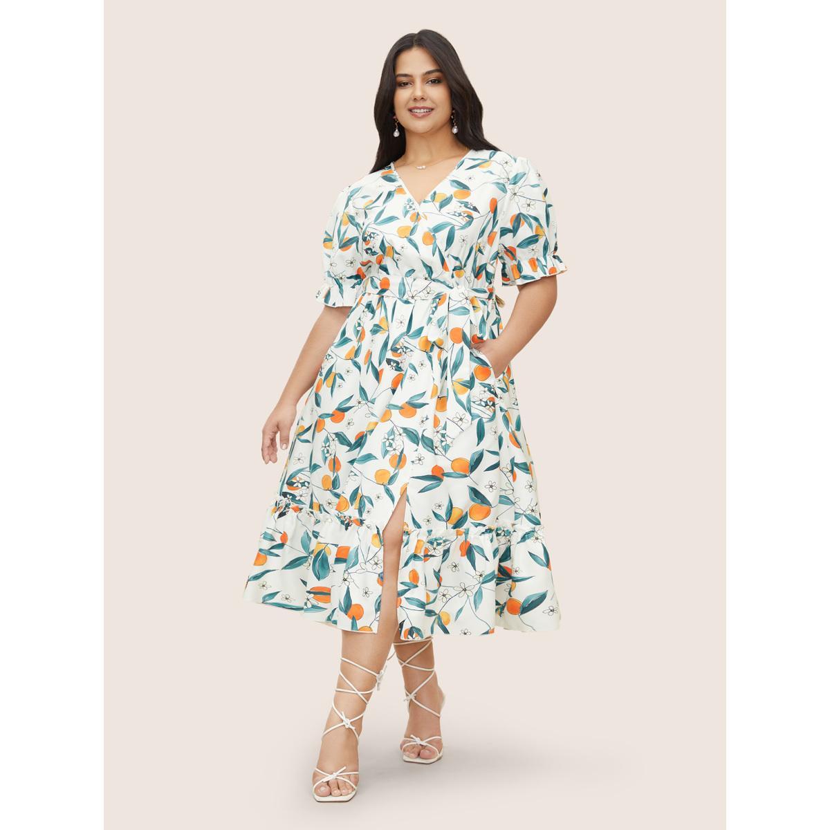 Plus Size Citrus Orange Print Overlap Collar Frill Trim Split Hem Dress Multicolor Women Elegant Overlapping Overlap Collar Half Sleeve Curvy Midi Dress BloomChic 18-20/2X Product Image