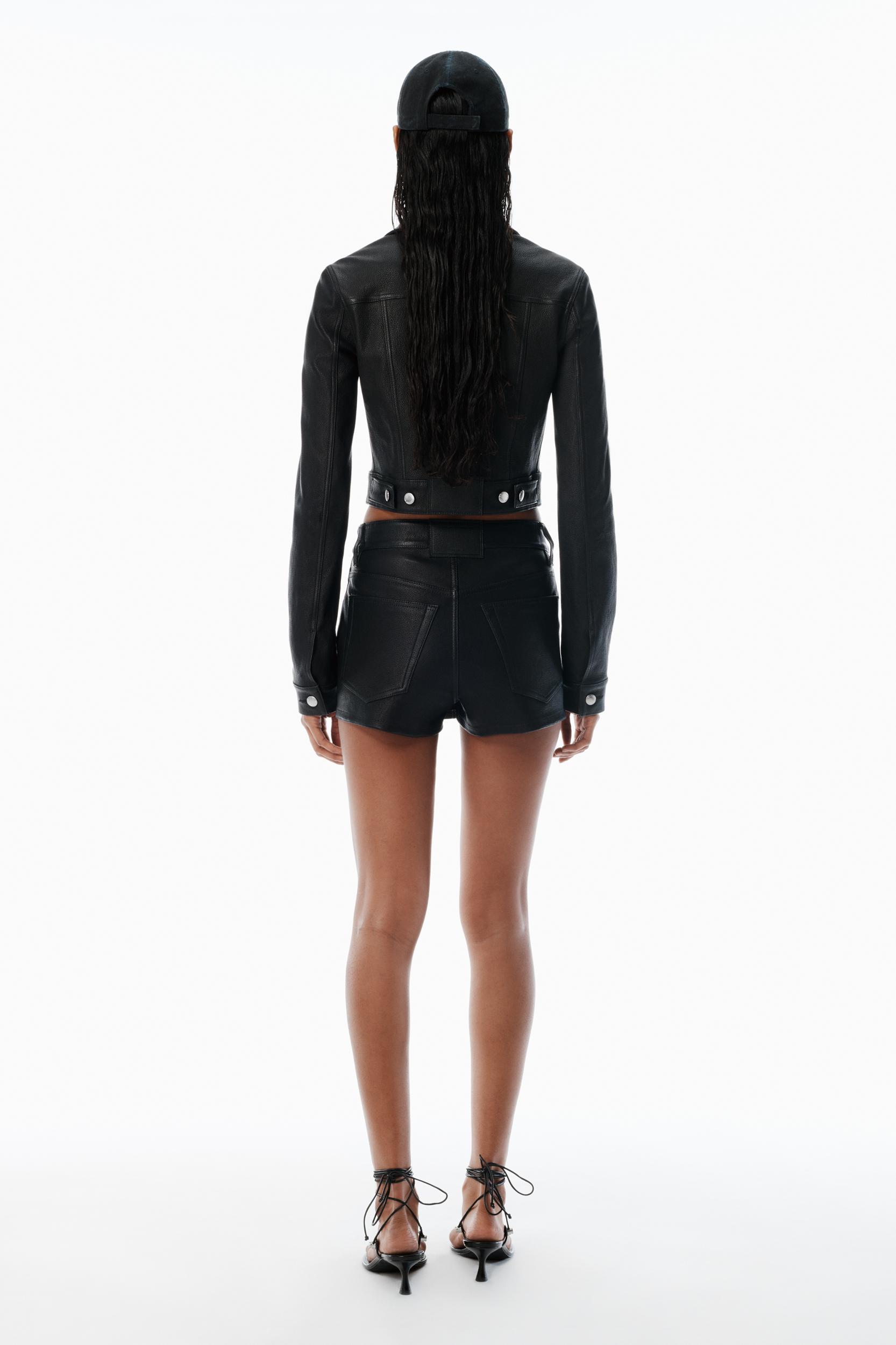 Black Shrunken Leather Trucker Jacket Product Image
