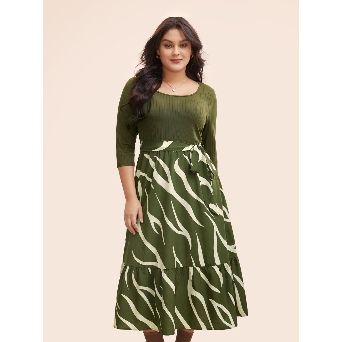 Plus Size Geometric Texture Patchwork Belted Dress ArmyGreen Women Elegant Texture Round Neck Elbow-length sleeve Curvy BloomChic 18-20/2X Product Image