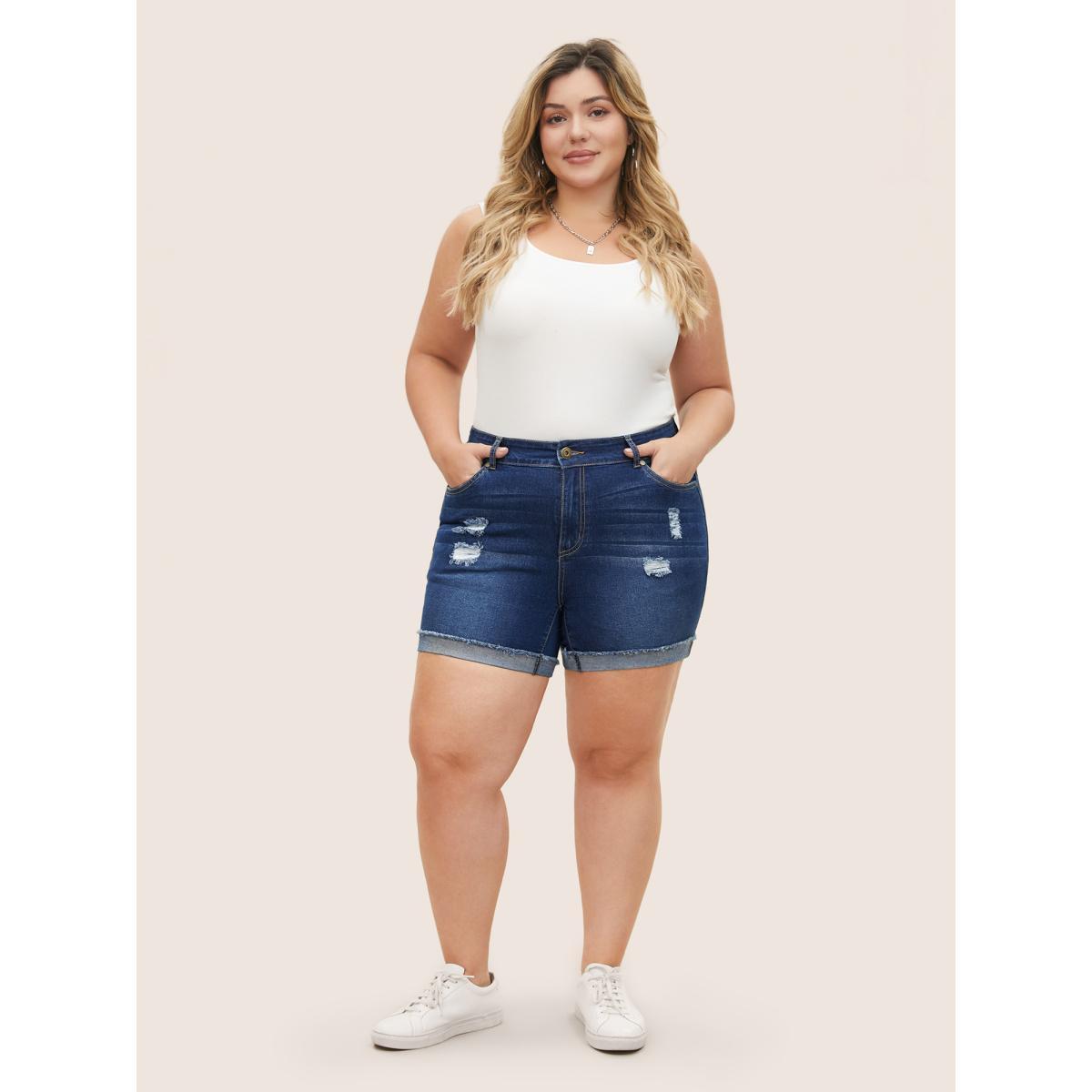 Plus Size Distressed Dark Wash Roll Hem Denim Shorts Women Indigo Non High stretch Everyday Slanted pocket Casual Denim Shorts BloomChic 12/L Product Image