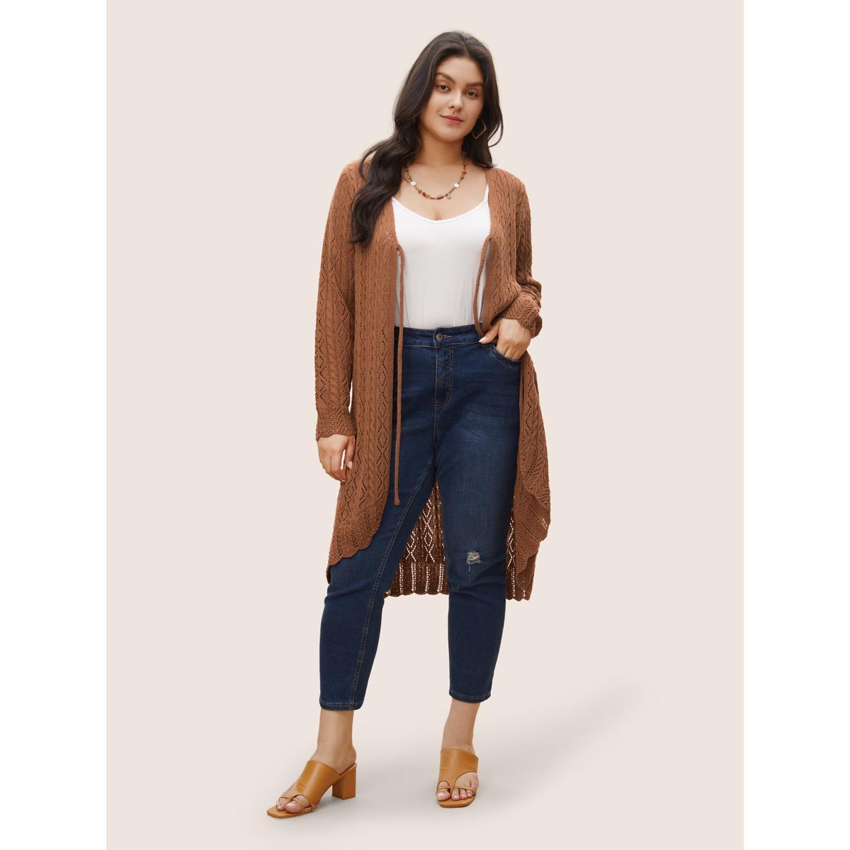 Plus Size Plain Ties Arc Hem Hollow Out Cardigan Chocolate Women Elegant Long Sleeve Everyday Cardigans BloomChic 14-16/1X Product Image