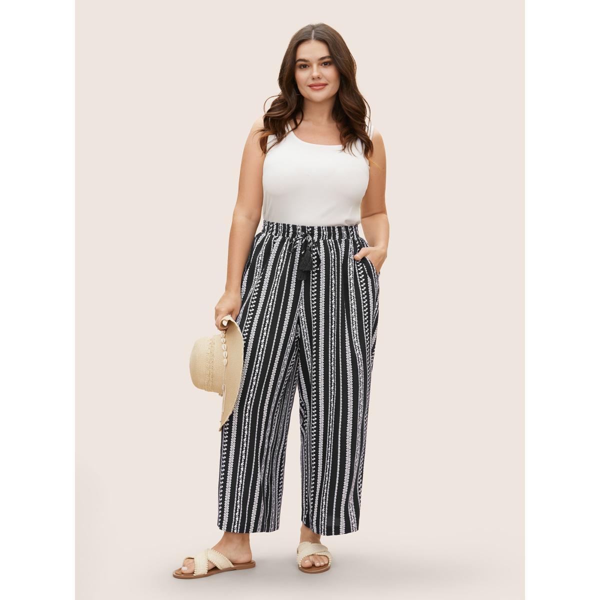 Plus Size Bandana Striped Tassel Drawstring Wide Leg Pants Women Black Resort Wide Leg Mid Rise Vacation Pants BloomChic 26/4X Product Image