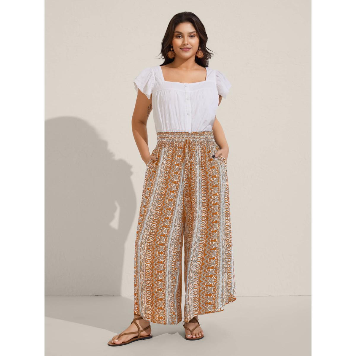 Plus Size Boho Print Shirred Waist Wide-Leg Pants Women Yellowishbrown Resort Wide Leg Mid Rise Vacation Pants BloomChic 30/6X Product Image