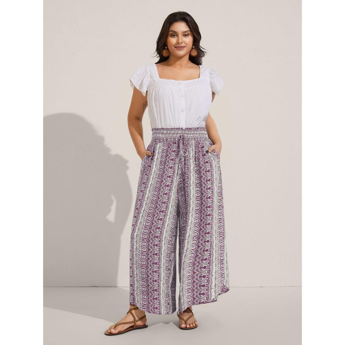 Plus Size Boho Print Shirred Waist Wide-Leg Pants Women Lilac Resort Wide Leg Mid Rise Vacation Pants BloomChic 26/4X Product Image