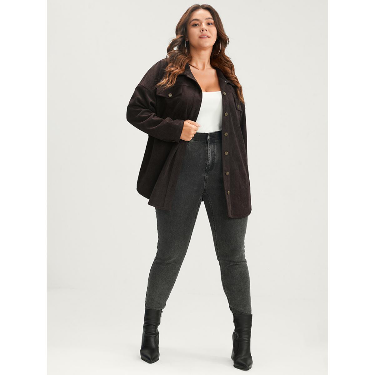 Plus Size Solid Button Up Pocket Corduroy Coat Women DarkBrown Casual Button Ladies Dailywear Winter Coats BloomChic 28/5X Product Image