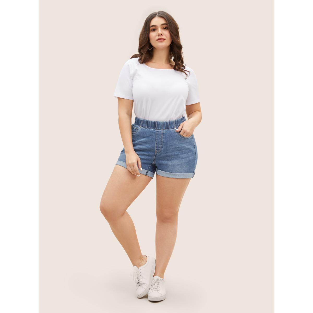 Plus Size Dark Wash Elastic Waist Roll Hem Denim Shorts Women Denimlightblue Roll Hem Medium stretch Everyday Slanted pocket Casual Denim Shorts BloomChic 16/1X Product Image