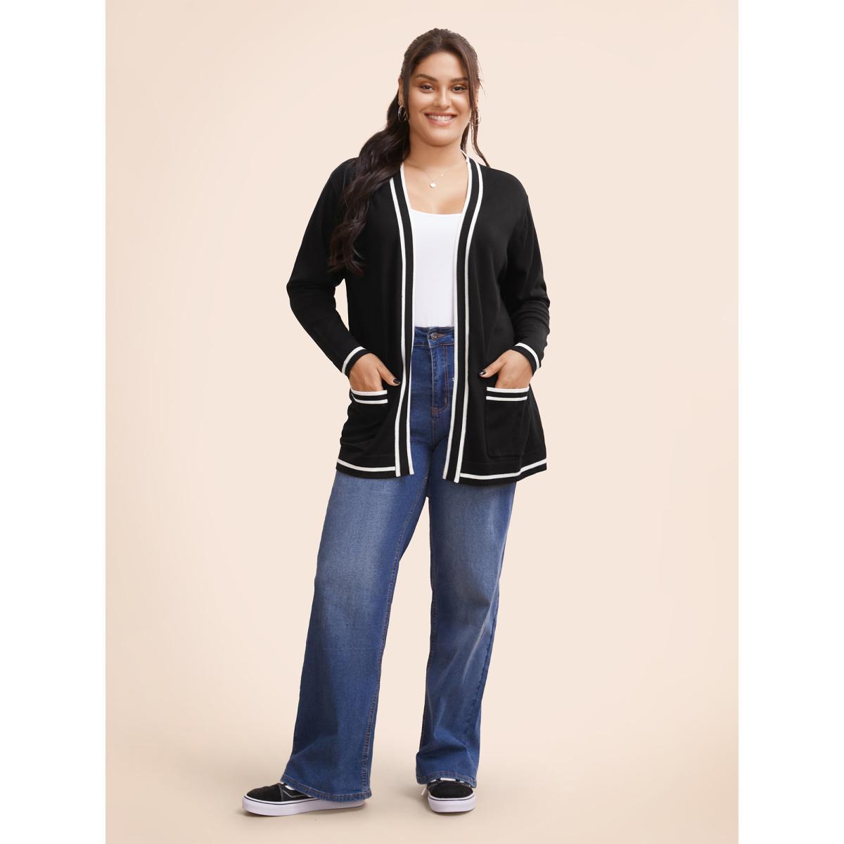 Plus Size Supersoft Essentials Striped Patchwork Pocket Open Front Cardigan Black Women Casual Loose Long Sleeve Everyday Cardigans BloomChic 28/5X Product Image