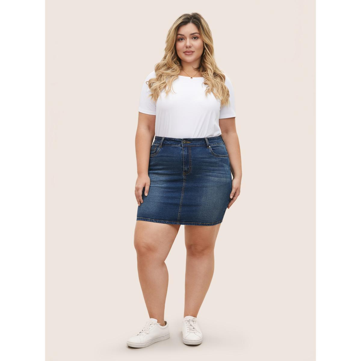 Plus Size Vintage Dark Wash Button Up Bodycon Denim Skirt Women Blue Everyday Non High stretch Dark Wash 10/M Slanted pocket Elegant Denim Skirts BloomChic Product Image