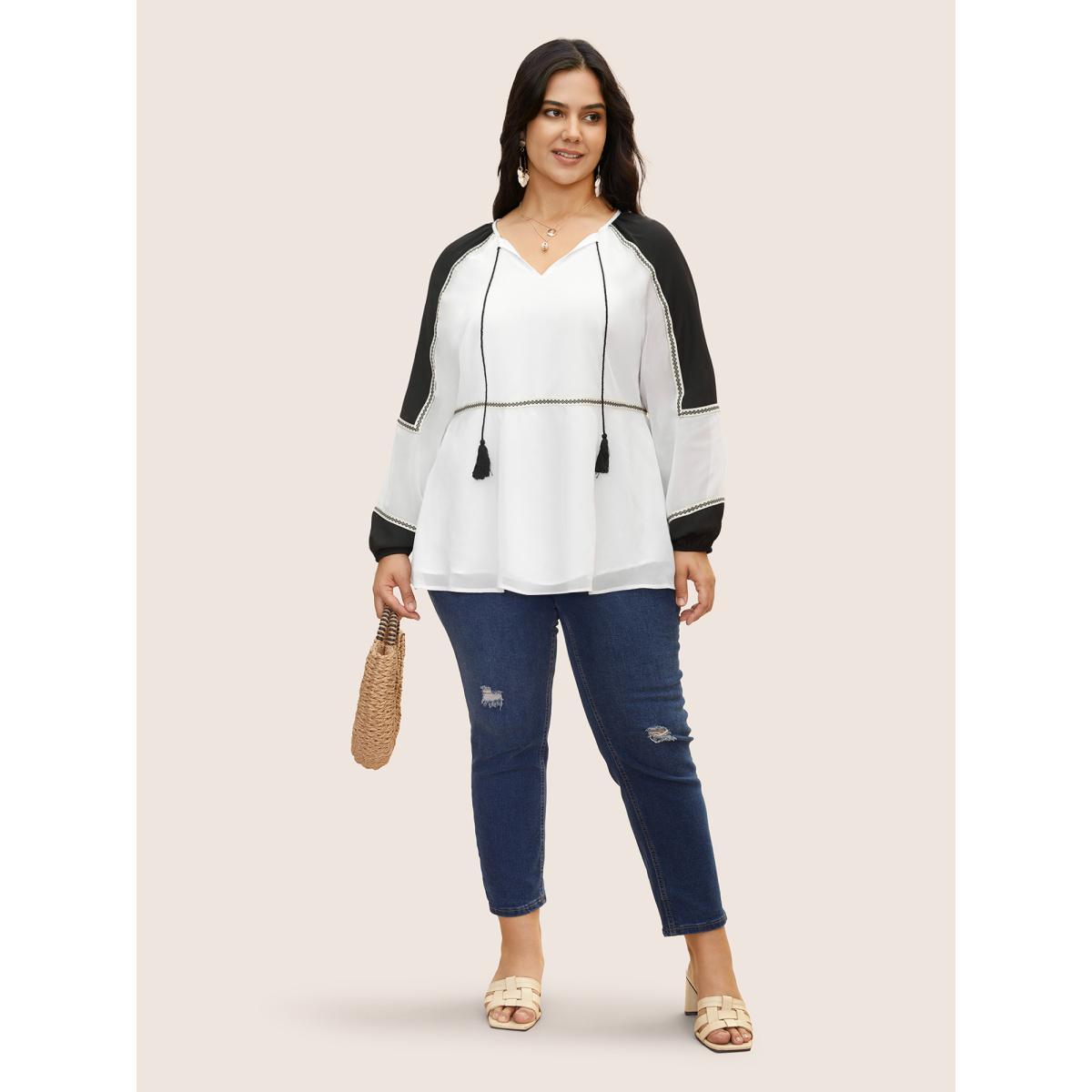 Plus Size Ivory Bandana Contrast Webbing Tassel Tie Knot Blouse Women Resort Long Sleeve V-neck Vacation Blouses BloomChic 18-20/2X Product Image