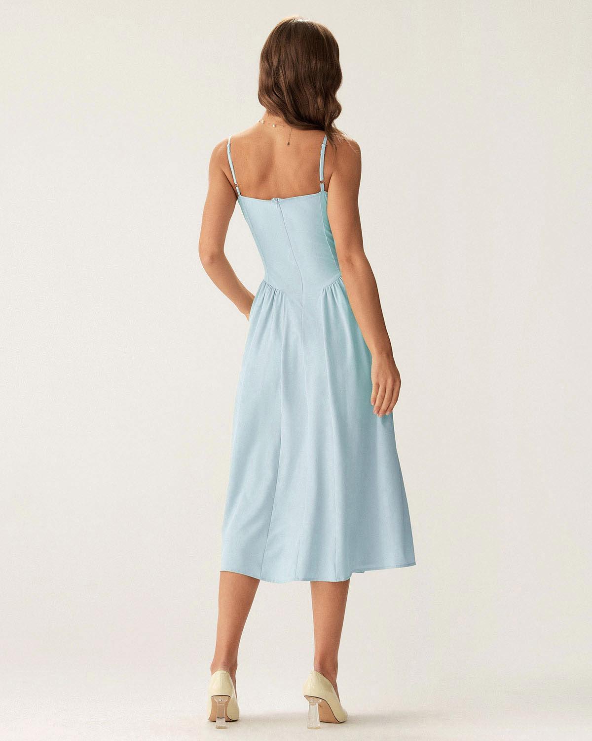 Blue Square Neck Pocket Slip Midi Dress Product Image