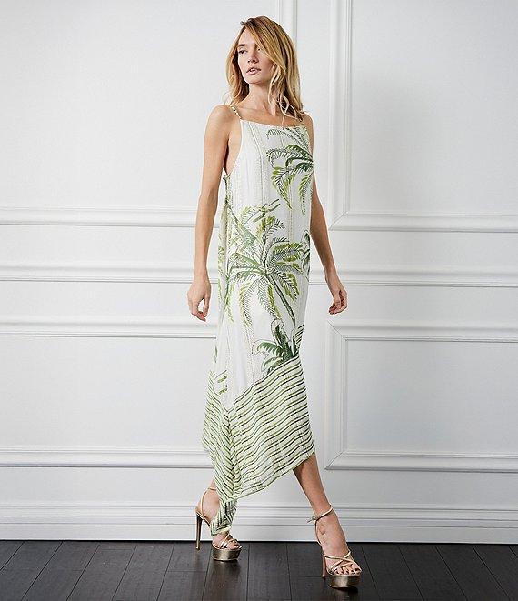 CIEBON Tamara Tropical Palm Tree Print Metallic Square Neck Asymmetrical Hem Midi Dress Product Image