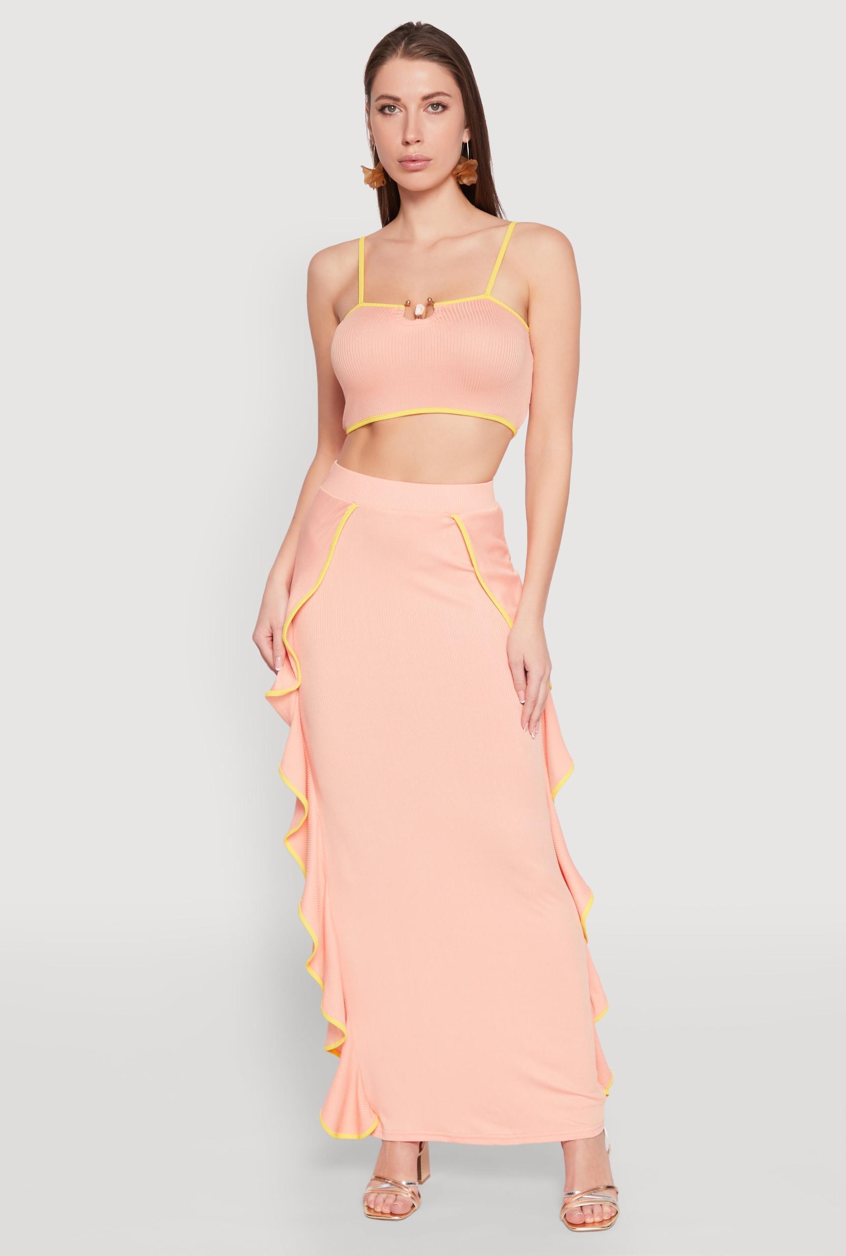 Womens Contrast Trim Side Ruffle Maxi Skirt Product Image