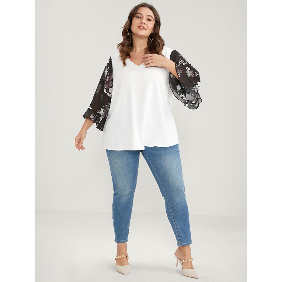 Plus Size White Solid Patchwork Floral Flounce Sleeve V Neck Blouse Women Elegant Elbow-length sleeve V-neck Dailywear Blouses BloomChic 26/4X Product Image