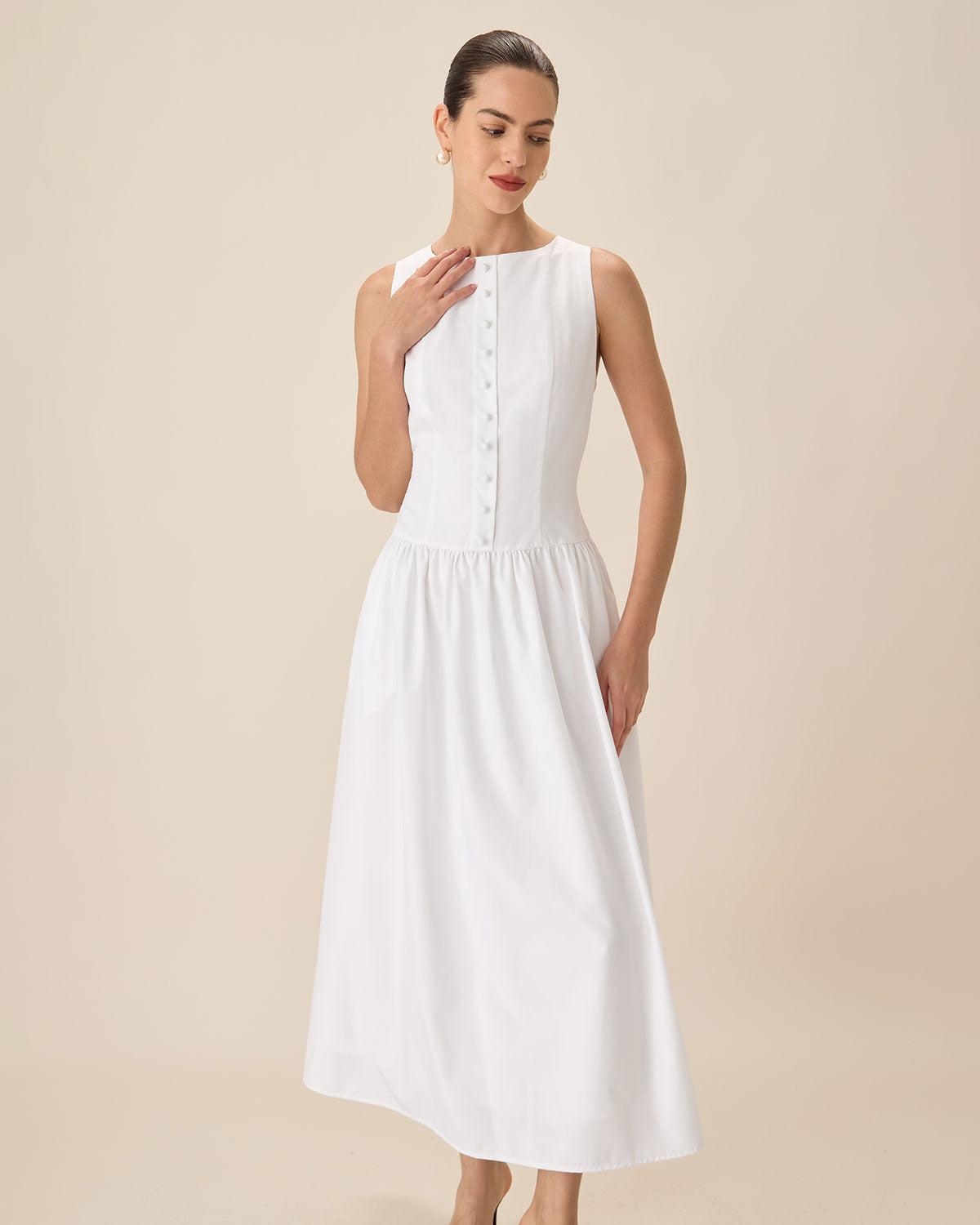 White Round Neck Pocket Maxi Dress Product Image