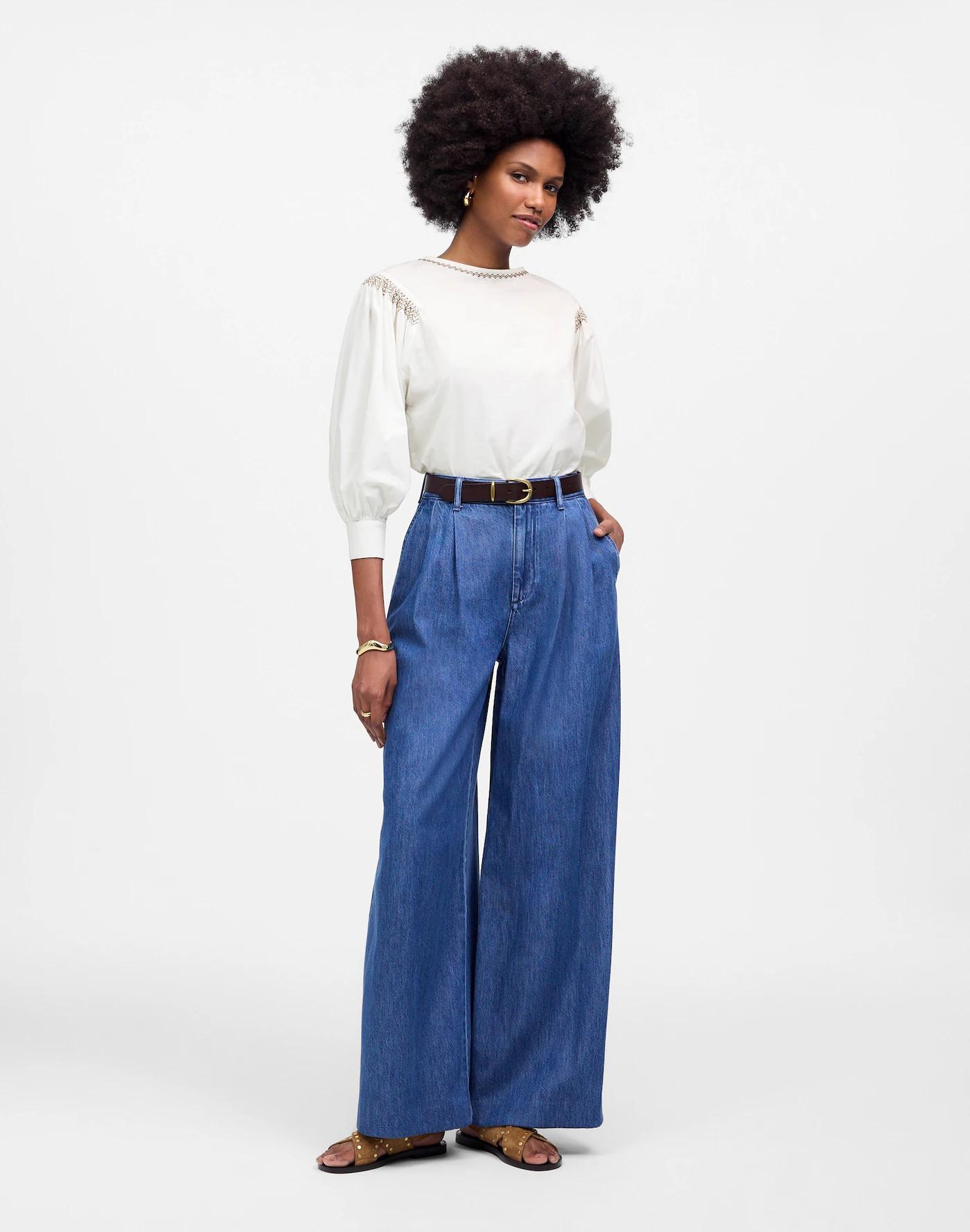 Embroidered Poplin Balloon-Sleeve Top Product Image