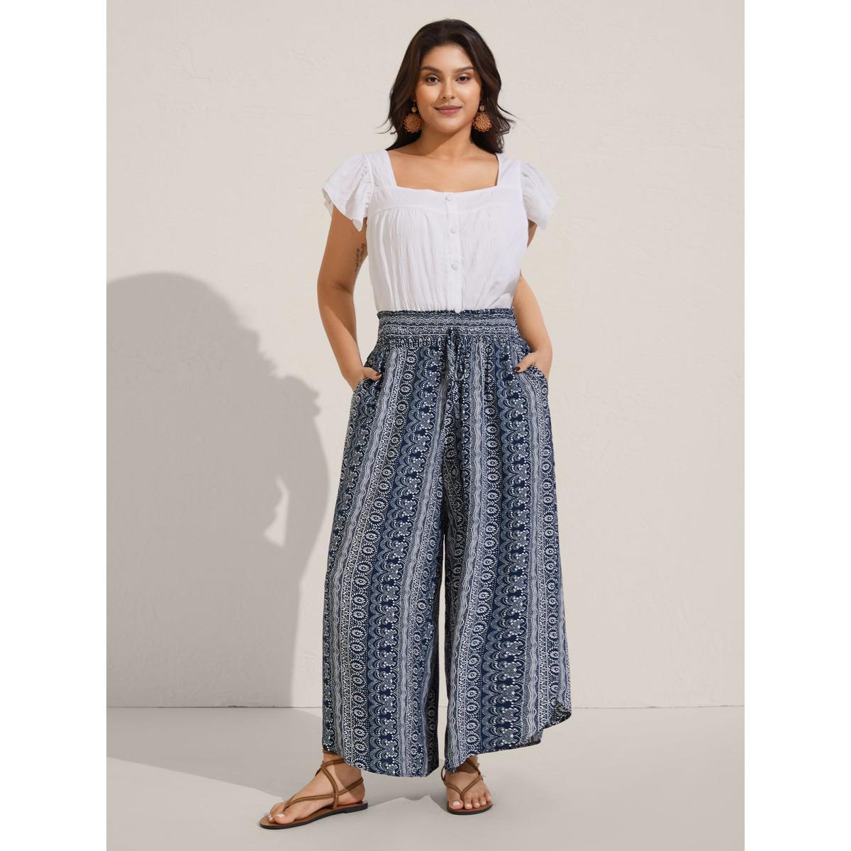 Plus Size Boho Print Shirred Waist Wide-Leg Pants Women Indigo Resort Wide Leg Mid Rise Vacation Pants BloomChic 10/M Product Image