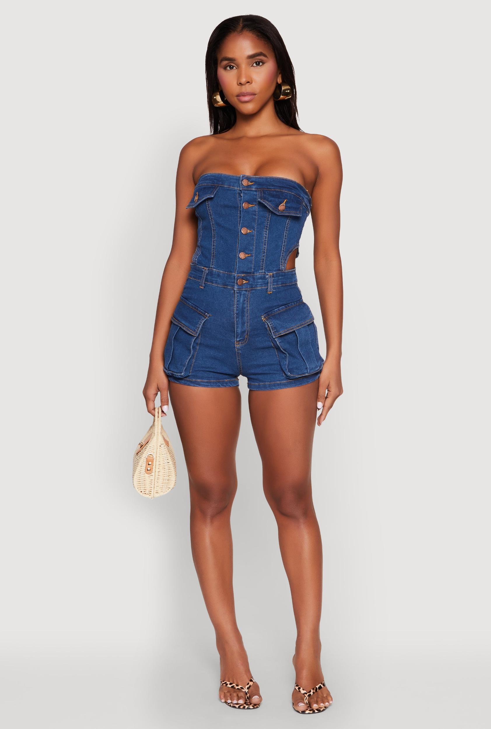 Womens Daisy Cut Out Side Denim Strapless Romper Product Image
