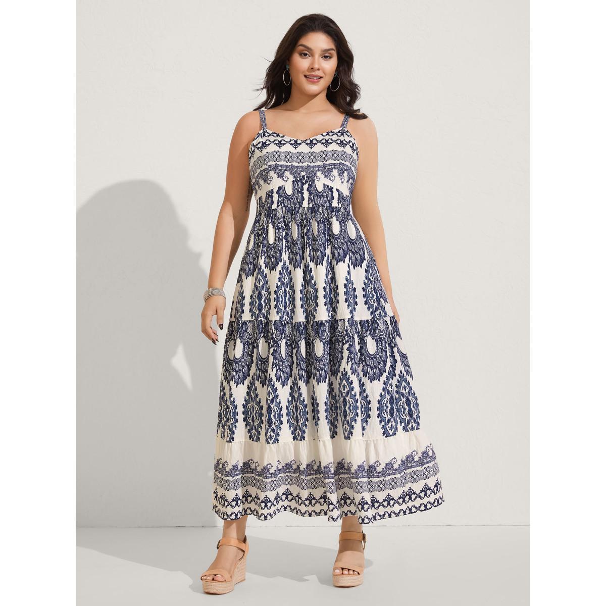 Plus Size Boho Print Shirred Cami Midi Dress DarkBlue Women V-neck Sleeveless Curvy BloomChic 18-20/2X Product Image