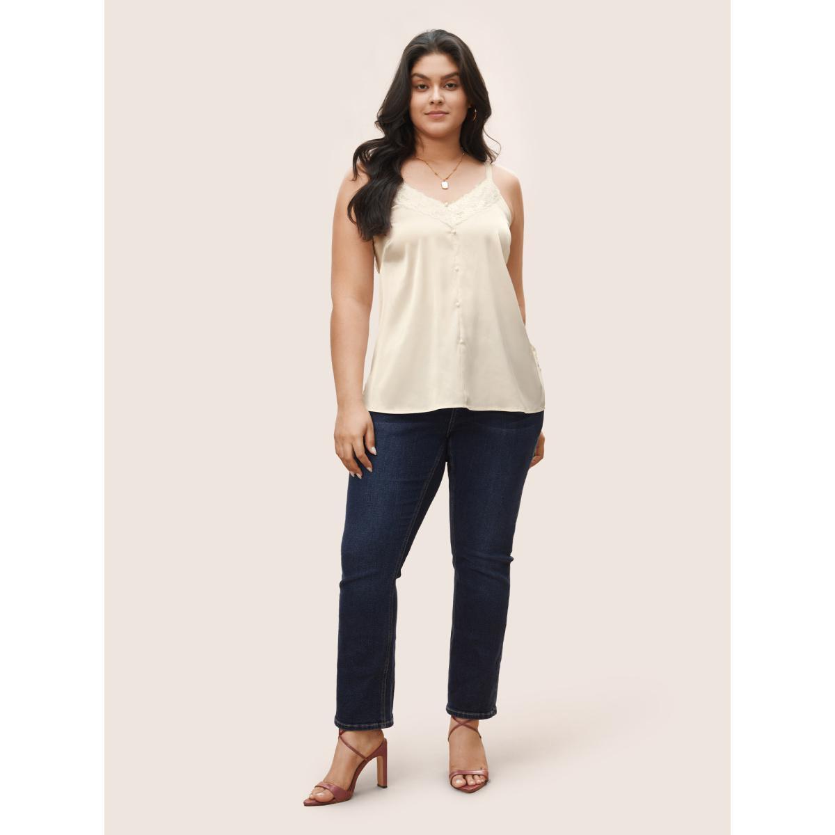 Plus Size Satin Lace Panel Split Side Cami Top Women Ivory Elegant Woven ribbon&lace trim V-neck Everyday Tank Tops Camis BloomChic 28/5X Product Image
