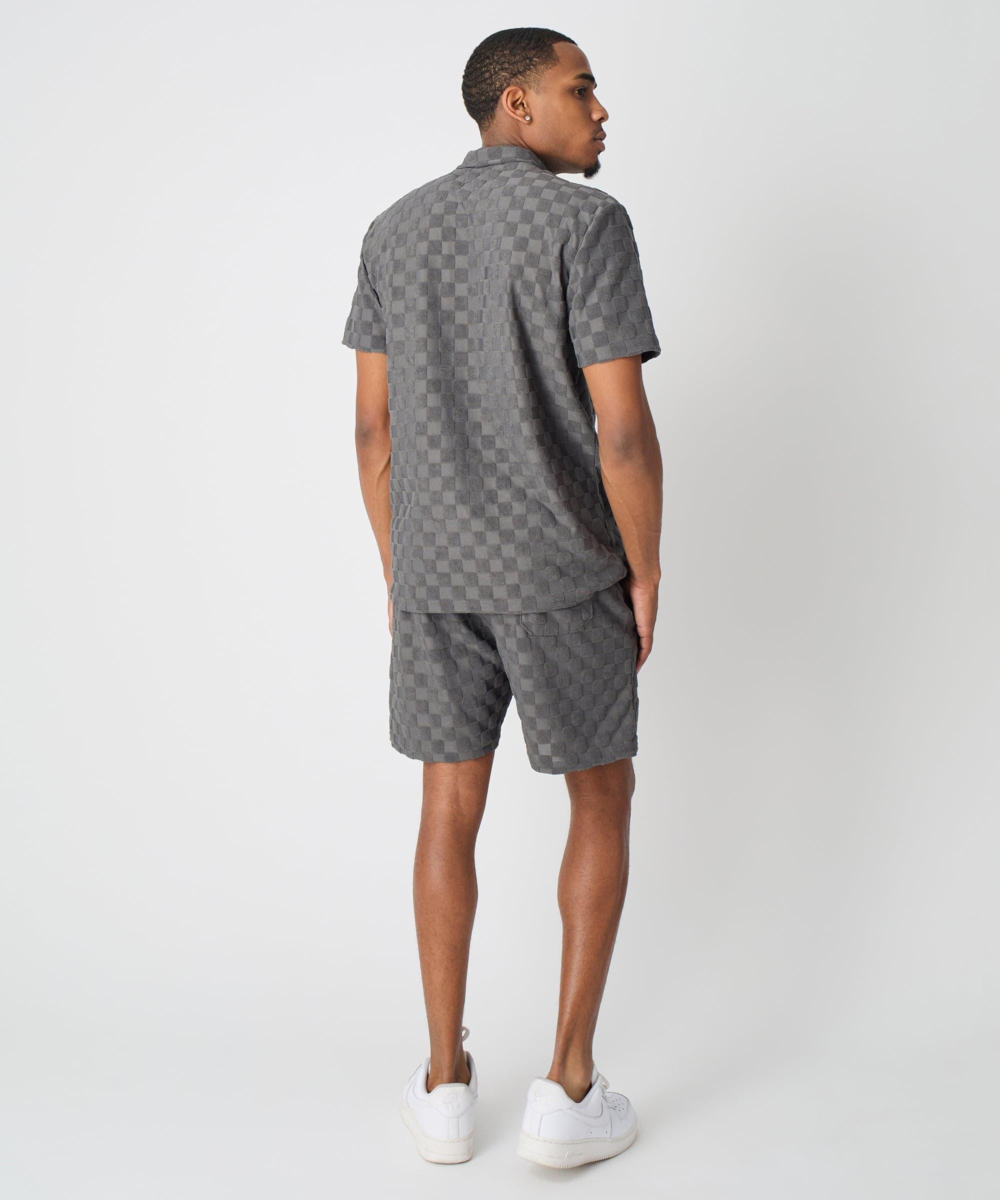 Checkerboard Towel Color Blocked Short Sleeve Button Down Shirt - Grey Product Image