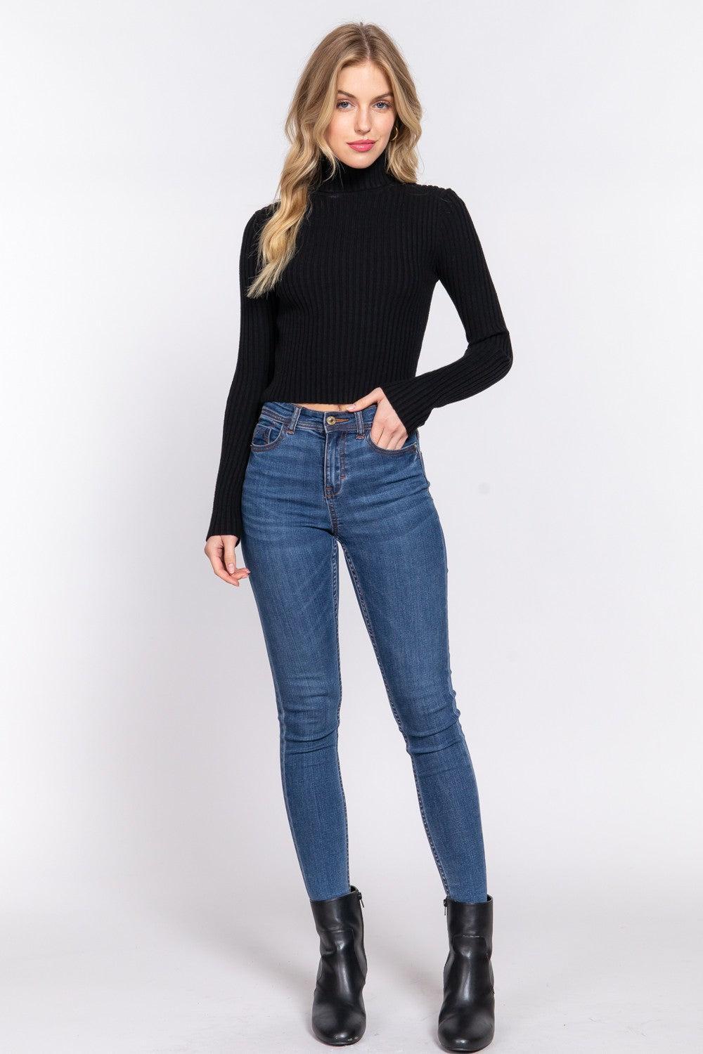 Long Sleeve Turtle Neck Fitted Crop Rib Sweater Product Image