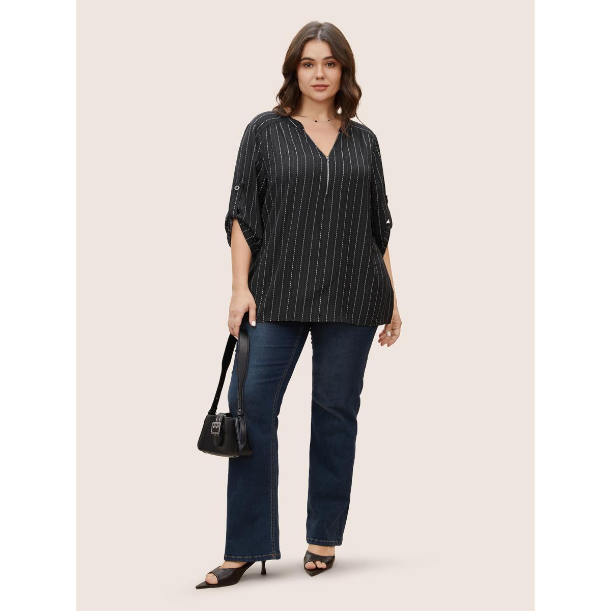 Plus Size Black Striped Half Zip Tab Sleeve Blouse Women Work From Home Elbow-length sleeve Flat collar Work Blouses BloomChic 22-24/3X Product Image