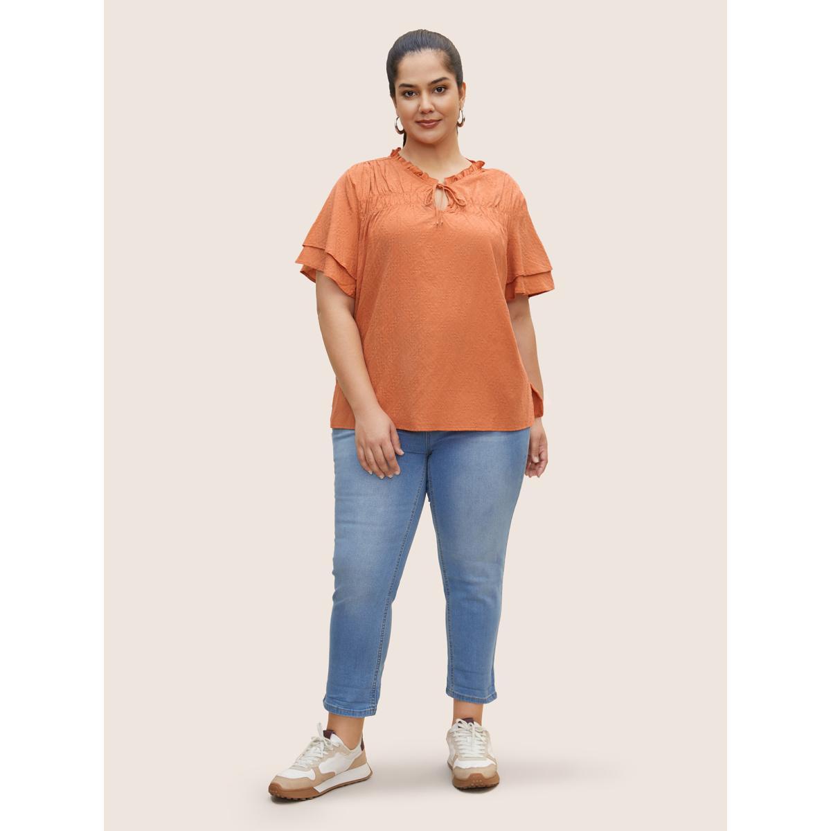 Plus Size OrangeRed Texture Tiered Ruffles Gathered Frill Trim Blouse Women Casual Short sleeve Notched collar Everyday Blouses BloomChic 12/L Product Image