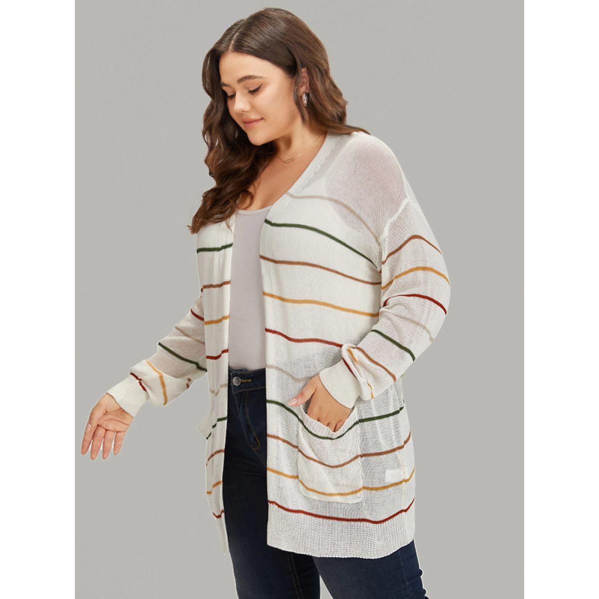 Plus Size UltraCool Rainbow Striped Open Front Pocket Cardigan Ivory Women Casual Loose Long Sleeve Dailywear Cardigans BloomChic 14-16/1X Product Image