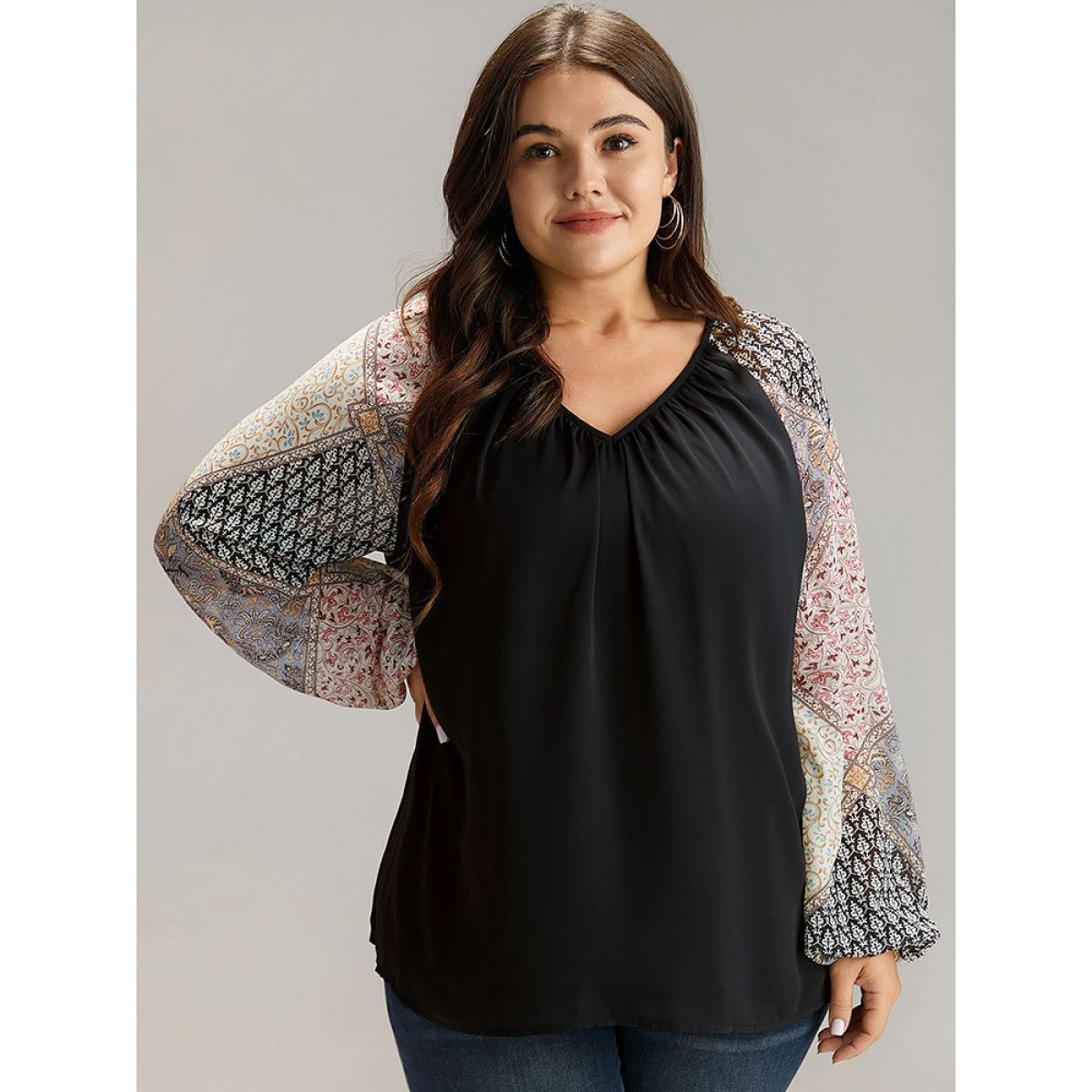 Plus Size Black Bandana Patchwork Twill Contrast Lantern Sleeve Blouse Women Elegant Long Sleeve V-neck Dailywear Blouses BloomChic 14-16/1X Product Image