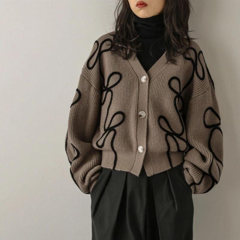 V-Neck Embroidered Button Crop Cardigan Product Image