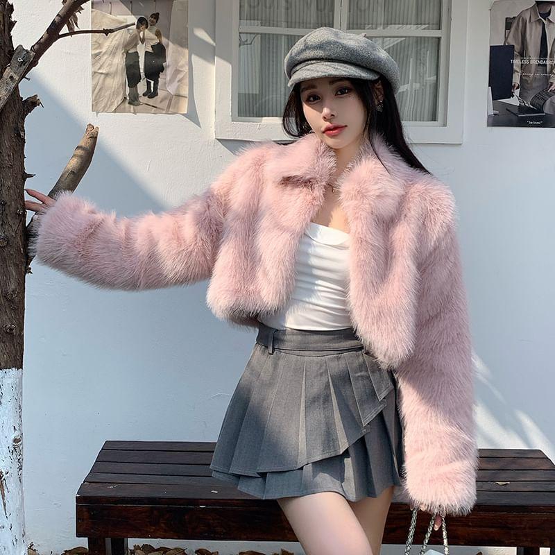 Collared Plain Fluffy Open Front Crop Jacket Product Image
