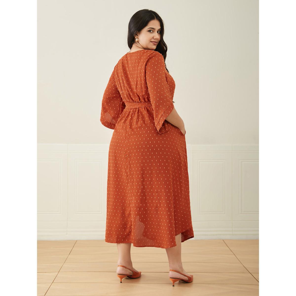 Plus Size Textured Bell Sleeve Belted Arc Hem Dress OrangeRed Women Elegant Texture Round Neck Elbow-length sleeve Curvy BloomChic 14-16/1X Product Image