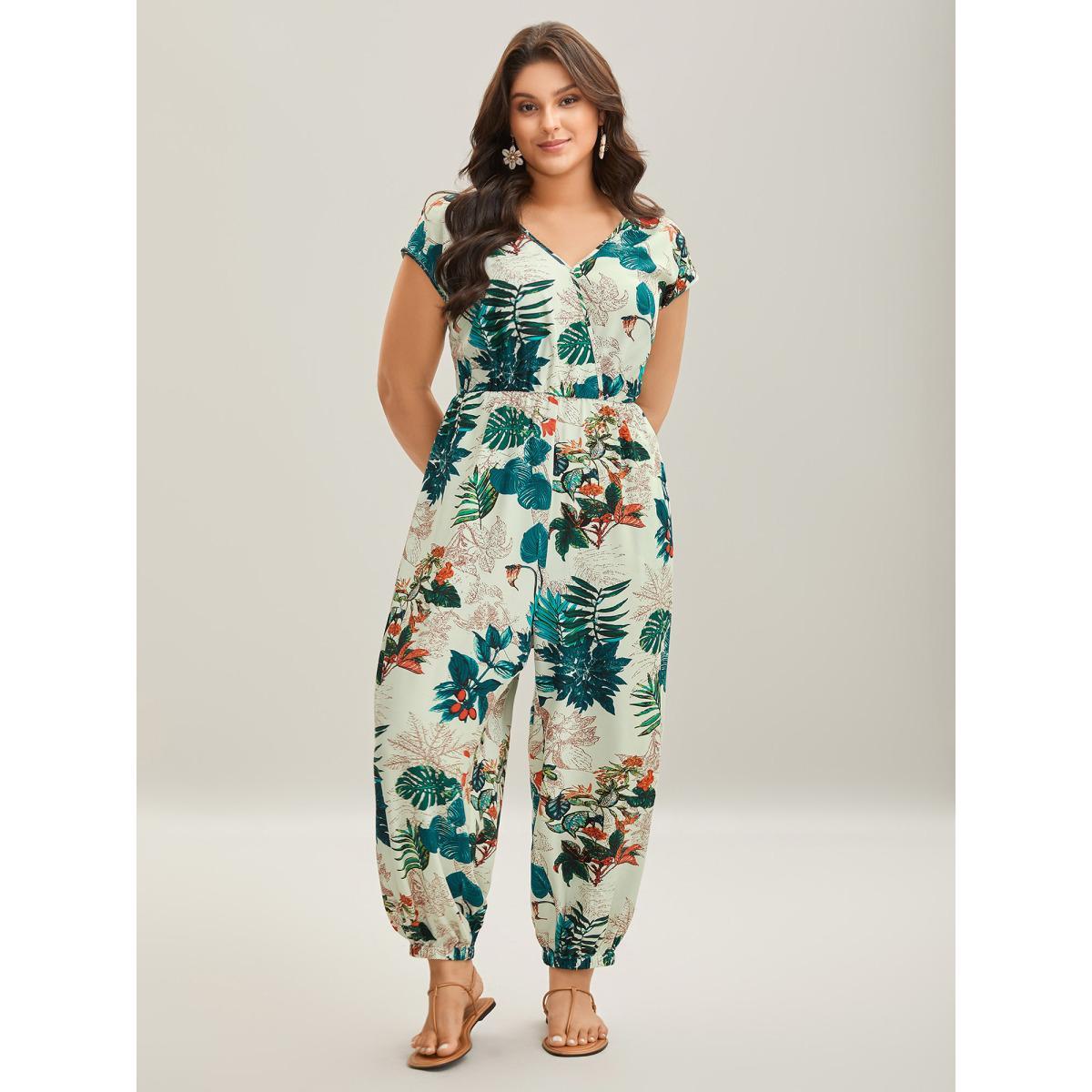 Plus Size Emerald Tropical Print Surplice Neck Back Tie Jumpsuit Women Cap Sleeve V-neck Vacation Loose Jumpsuits BloomChic 10/M Product Image
