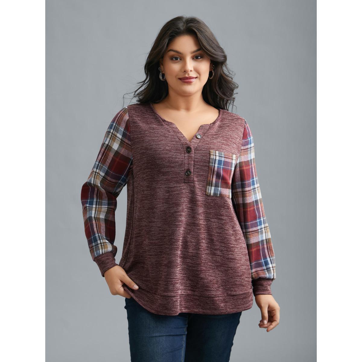 Plus Size Plaid Sleeve Button Up Patchwork Sweatshirt Women Burgundy Casual Contrast Notched collar Everyday Sweatshirts BloomChic 14-16/1X Product Image