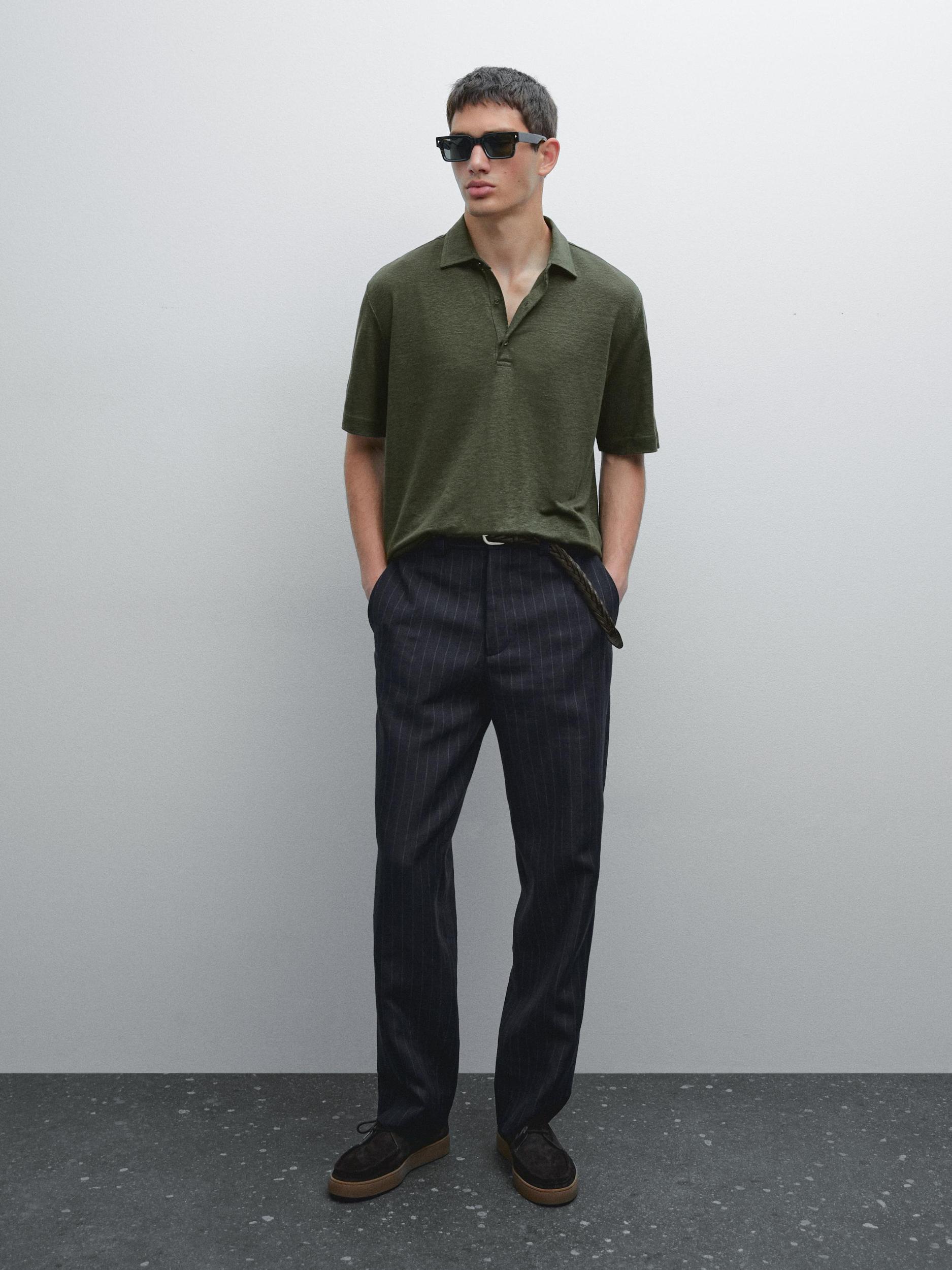 100% linen short sleeve polo shirt Product Image