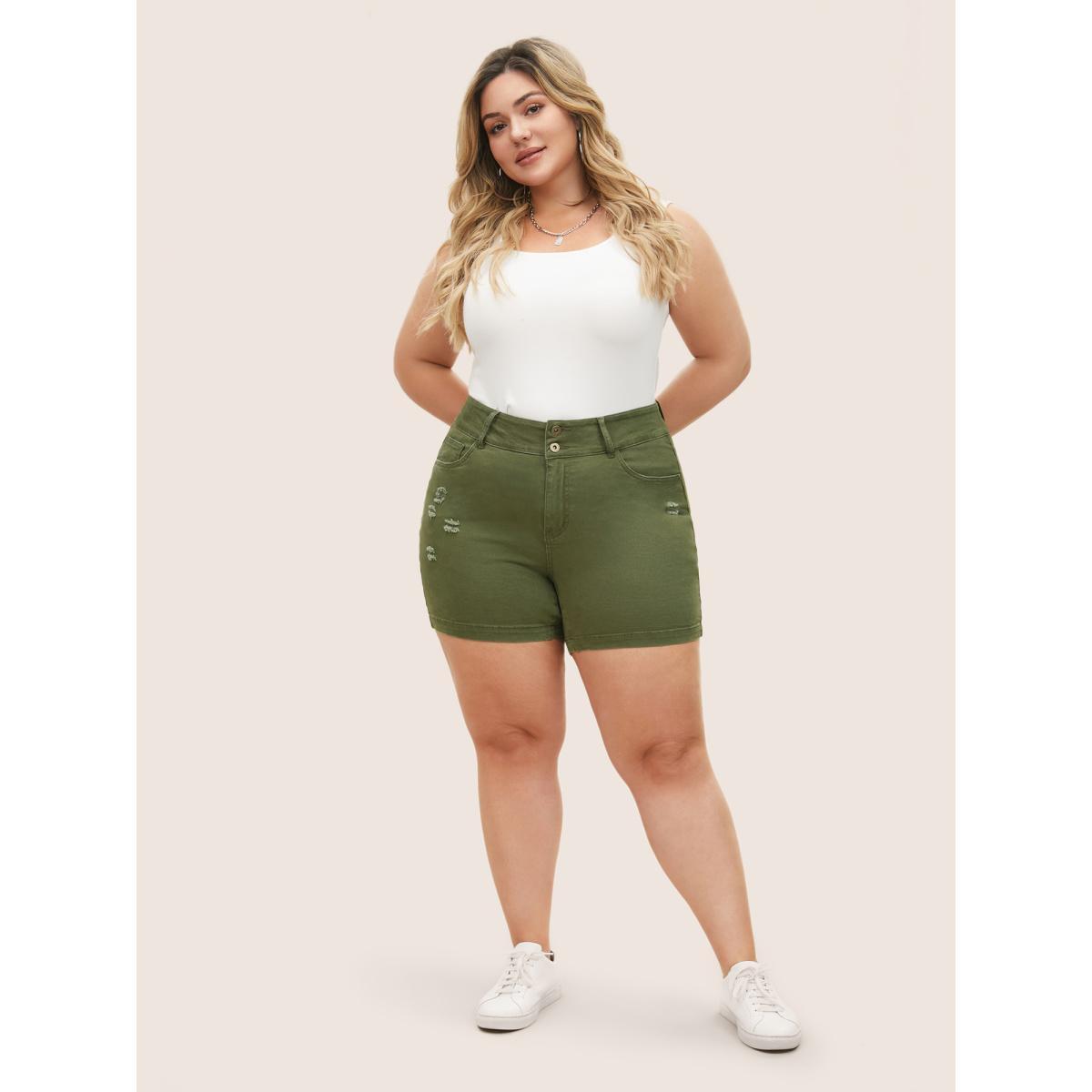 Plus Size Distressed Color Wash Skinny Denim Shorts Women ArmyGreen Non High stretch Everyday Slanted pocket Casual Denim Shorts BloomChic 28/5X Product Image