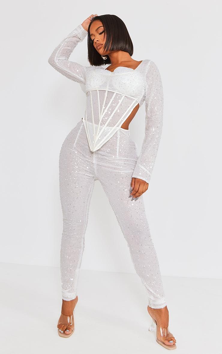Shape White Sequin Mesh Corset Detail Jumpsuit Product Image