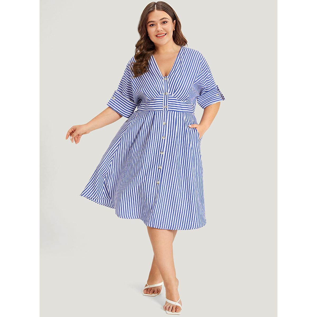 Plus Size V Neck Striped Pocket Ruffle Hem Button Detail Dress Blue Women Elegant Texture V-neck Half Sleeve Curvy Midi Dress BloomChic 14-16/1X Product Image